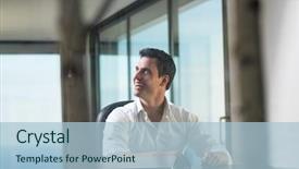  Presentation with computer - Amazing PPT theme having portrait of young happy business man working on laptop computer at home backdrop and a light blue colored foreground