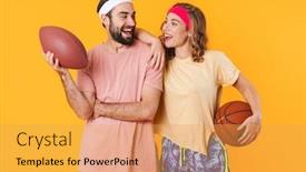  Presentation with sports balls - Amazing PPT theme having portrait-of-young-happy-caucasian backdrop and a yellow colored foreground