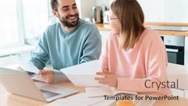  Presentation with home documents - Cool new PPT layouts with portrait-of-young-happy-couple backdrop and a coral colored foreground