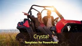  Presentation with driving road - PPT theme featuring portrait of young happy excited couple enjoying beautiful sunny day while driving a off road buggy car on mountain nature background and a wine colored foreground