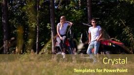  Presentation with driving road - Presentation theme having portrait of young happy excited couple enjoying beautiful sunny day while driving a off road buggy car on mountain nature background and a tawny brown colored foreground