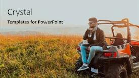  Presentation with driving road - PPT theme with portrait-of-young-happy-excited background and a light gray colored foreground