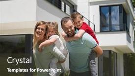  Presentation with villa - Presentation design featuring portrait of young happy family with children in the yard in front of their luxury home of villa background and a tawny brown colored foreground