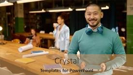  Presentation with coworking - Presentation theme enhanced with portrait-of-young-happy-freelancer background and a gold colored foreground