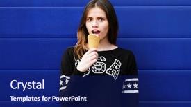  Presentation with ice blue - Beautiful PPT theme featuring portrait of young happy girl eating ice-cream outdoor over blue wall background backdrop and a navy blue colored foreground