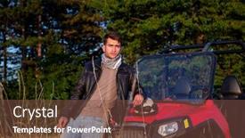  Presentation with driving road - Cool new presentation design with portrait of young happy man enjoying beautiful sunny day smoking a cigarette while taking a break from driving a off road buggy car on mountain nature backdrop and a tawny brown colored foreground