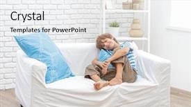  Presentation with happy kids at indoor playground - Slide deck with portrait of young happy smi background and a  colored foreground