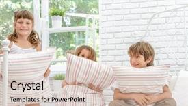  Presentation with young children - Slide deck enhanced with portrait of young happy smi background and a  colored foreground