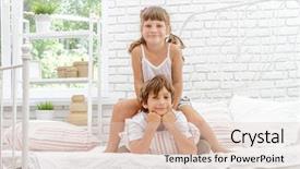  Presentation with young children - Slide set consisting of portrait of young happy smi background and a  colored foreground