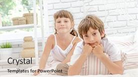  Presentation with happy kids at indoor playground - Audience pleasing PPT theme consisting of portrait of young happy smi backdrop and a  colored foreground