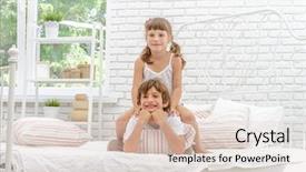  Presentation with young children - Presentation design featuring portrait of young happy smi background and a  colored foreground