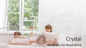 Presentation with happy kids at indoor playground - Beautiful slide set featuring portrait of young happy smi backdrop and a soft green colored foreground