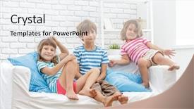  Presentation with happy kids at indoor playground - Colorful PPT theme enhanced with portrait of young happy smi backdrop and a  colored foreground