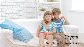  Presentation with happy kids at indoor playground - Cool new PPT layouts with portrait of young happy smi backdrop and a  colored foreground