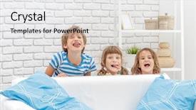  Presentation with happy kids at indoor playground - Amazing PPT theme having portrait of young happy smi backdrop and a white colored foreground