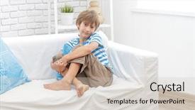  Presentation with happy kids at indoor playground - Slide deck with portrait of young happy smi background and a  colored foreground