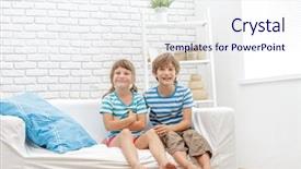  Presentation with young children - Slide set consisting of portrait of young happy smi background and a  colored foreground