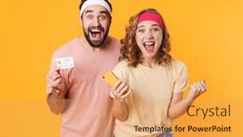  Presentation with young happy couple - PPT theme enhanced with portrait-of-young-happy-sporty background and a yellow colored foreground