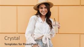  Presentation with milkshake - Presentation theme with portrait-of-young-happy-woman background and a lemonade colored foreground
