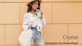  Presentation with milkshake - Presentation design having portrait-of-young-happy-woman background and a coral colored foreground