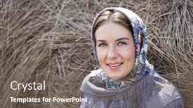  Presentation with blue - Presentation theme enhanced with portrait-of-young-happy-woman background and a gray colored foreground