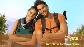  Presentation with outdoor clothes for hiking - Presentation theme with portrait of young hikers outdoor background and a red colored foreground