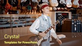  Presentation with guitar - PPT theme enhanced with portrait-of-young-hipster-woman background and a tawny brown colored foreground
