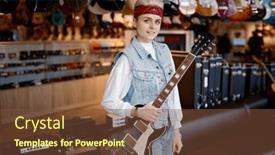  Presentation with guitar - PPT layouts consisting of portrait-of-young-hipster-woman background and a tawny brown colored foreground