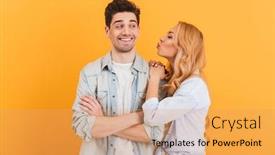 Presentation with basic - Audience pleasing presentation design consisting of portrait of young lovely people in basic clothing expressing love and affection while woman kissing man on cheek isolated over yellow background backdrop and a coral colored foreground