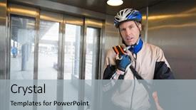  Presentation with courier bag - PPT theme enhanced with young male cyclist with courier background and a light gray colored foreground