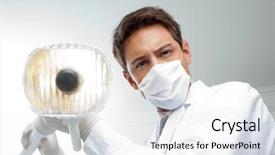  Presentation with surgical dental - Amazing slide deck having portrait of young male dentist wearing surgical mask while holding dental lamp backdrop and a white colored foreground