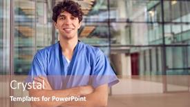  Presentation with modern building - Slide deck featuring portrait-of-young-male-doctor background and a coral colored foreground