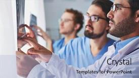  Presentation with multiracial team of young doctors stacking hands - Beautiful slide deck featuring portrait of young male doctors backdrop and a light blue colored foreground