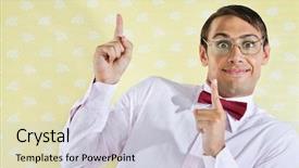  Presentation with geek - Presentation theme featuring portrait of young male geek background and a lemonade colored foreground