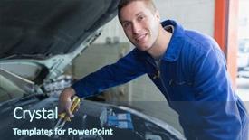  Presentation with engine - Presentation theme having maintenance engineering - portrait of young male mechanic background and a ocean colored foreground