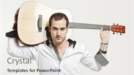  Presentation with shoulder - Slide set with portrait of young man carrying guitar over his shoulder against gray background background and a white colored foreground