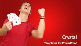  Presentation with poker - Cool new PPT theme with portrait of young man doing a winner gesture playing poker over red backdrop and a crimson colored foreground