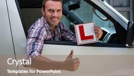  Presentation with driver - Slide deck with portrait of young man gesturing thumbs up holding a learner driver sign background and a coral colored foreground
