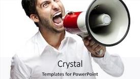  Presentation with yelling - Cool new slides with portrait of young man handsome backdrop and a light gray colored foreground