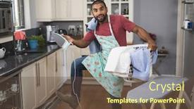  Presentation with laundry - PPT theme enhanced with portrait of young man holding laundry basket and iron while closing dishwasher in kitchen at home background and a tawny brown colored foreground