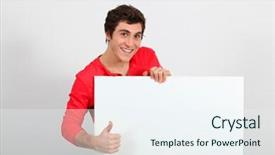  Presentation with whiteboard - PPT theme with portrait of young man holding whiteboard background and a sky blue colored foreground