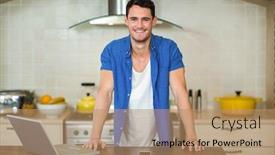  Presentation with social isolation - Slide deck consisting of portrait of young man leaning on kitchen worktop with mobile and laptop working from home in quarantine lockdown social distancing self isolation background and a coral colored foreground