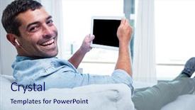  Presentation with living room - Slide deck having electronic life free - portrait of young man listening background and a light blue colored foreground