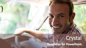  Presentation with camera - Audience pleasing slides consisting of portrait of young man looking at camera while sitting on cars front seat backdrop and a violet colored foreground
