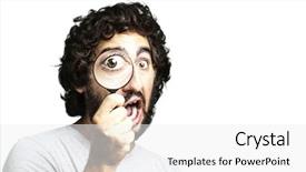  Presentation with looking glass - PPT layouts with portrait of young man looking through a magnifying glass over white background background and a white colored foreground