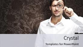  Presentation with looking glass - Beautiful presentation theme featuring portrait of young man looking through a magnifying glass against a vintage wall backdrop and a sky blue colored foreground