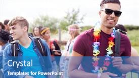  Presentation with festival music - Slide set enhanced with portrait of young man waiting behind barrier at entrance to music festival site background and a teal colored foreground