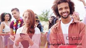  Presentation with festival music - Amazing presentation design having portrait of young man waiting behind barrier at entrance to music festival site backdrop and a coral colored foreground