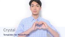  Presentation with heart hands - Colorful PPT layouts enhanced with portrait-of-young-man-wearing backdrop and a sky blue colored foreground