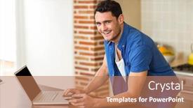  Presentation with social isolation - PPT theme with portrait of young man working on laptop in kitchen working from home in quarantine lockdown social distancing self isolation background and a coral colored foreground